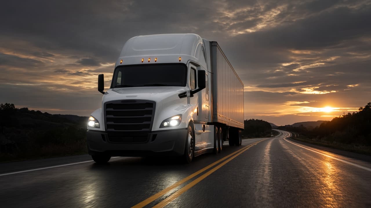 A semi-truck with a dry van rolling toward the camera on a dark highway at dusk