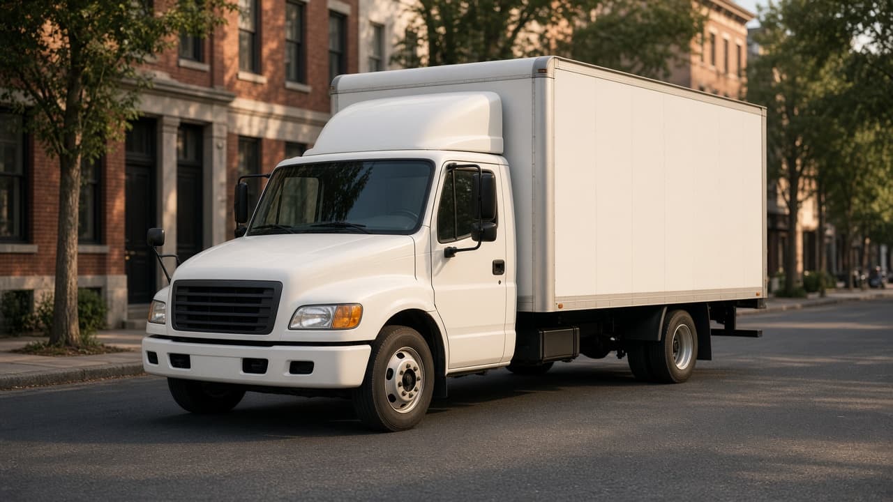 White box truck parked on a city street